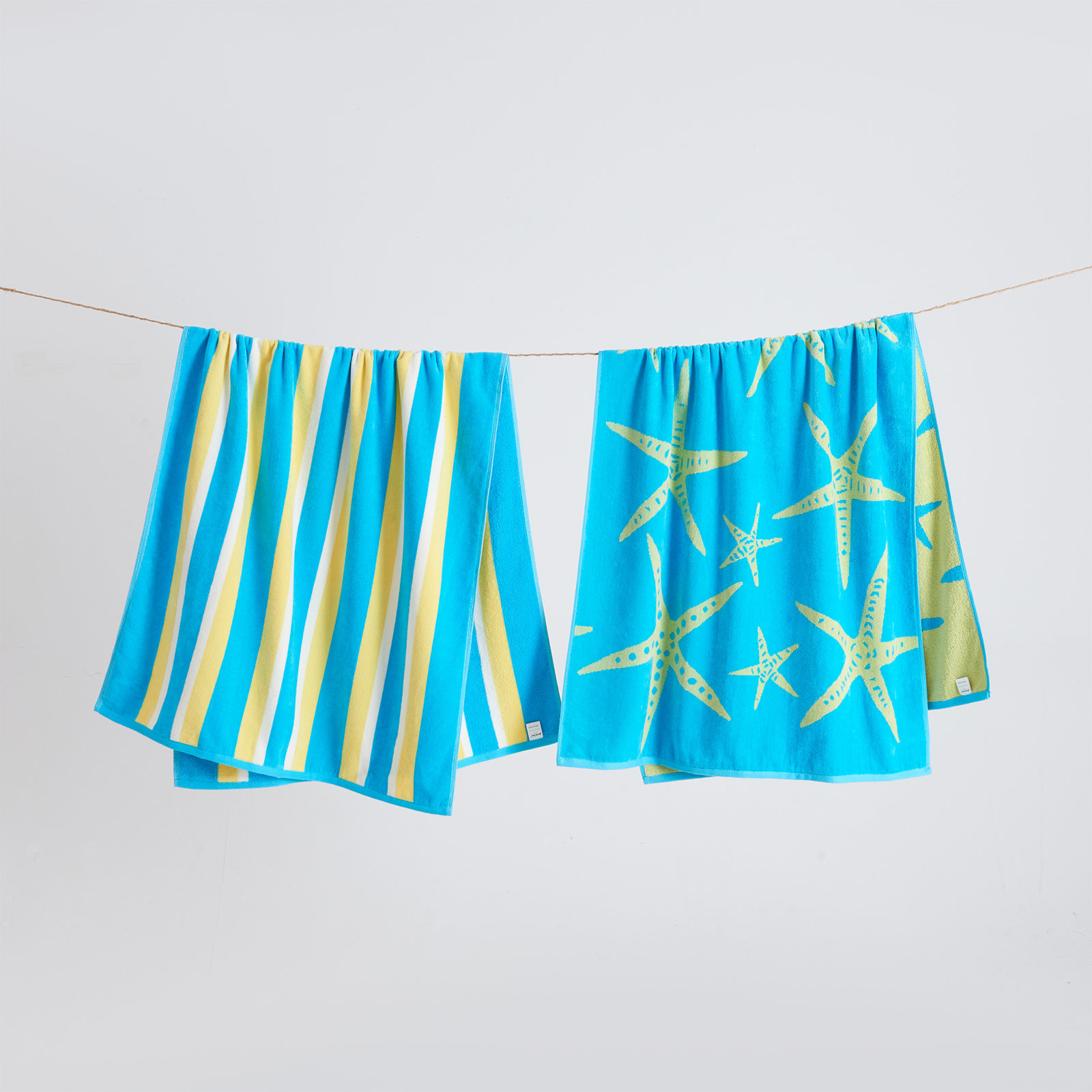 2-Piece Jacquard Cotton Beach Towel Set, Blue/Yellow Starfish & Stripe