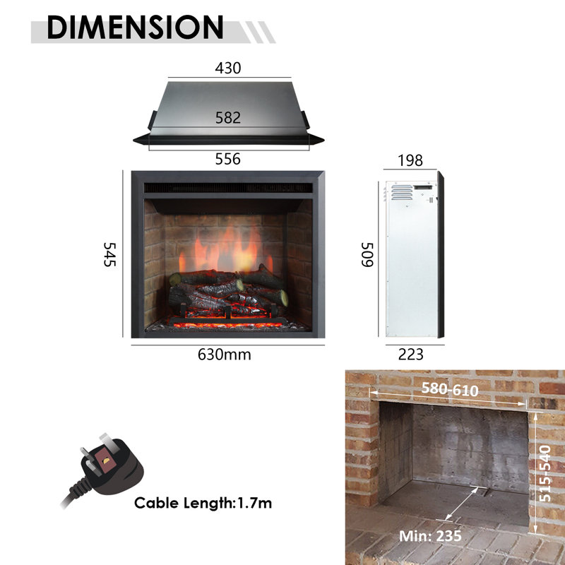 WEMBURY FLAMME Black Electric Fireplace Insert, 55cm H x 63cm W x 22cm D