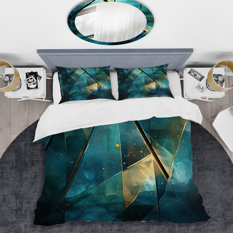 Emerald Blue Pyramid Shapes II - Abstract Modern Shapes Duvet Cover Set, King Duvet Cover + 2 King Shams
