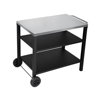 Chariot de barbecue extérieur à 3 niveaux avec plateau en acier inoxydable, table de préparation de barbecue mobile sur roulettes, barre de service roulante pour patio et cour arrière, support de four à pizza noir, rouille, grand espace de rangement, lisse