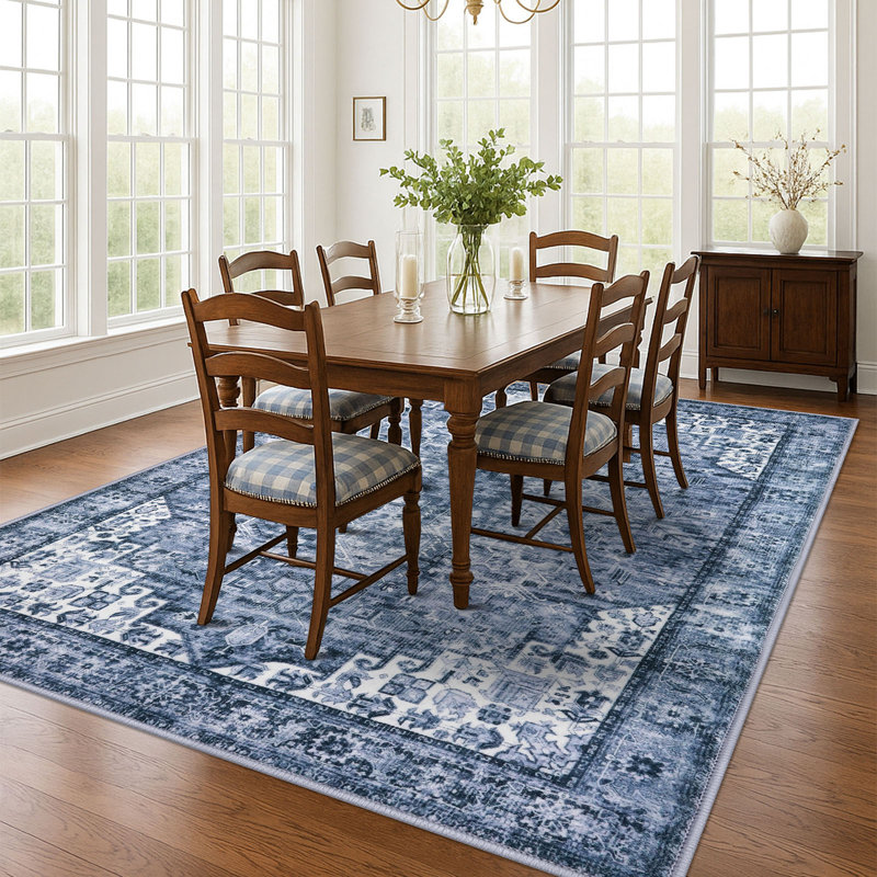 Soft Medallion Printed Rug With Non-Slip Backing Blue Area Rugs Living Room Bedroom Rugs, Rectangle 8' x 10'