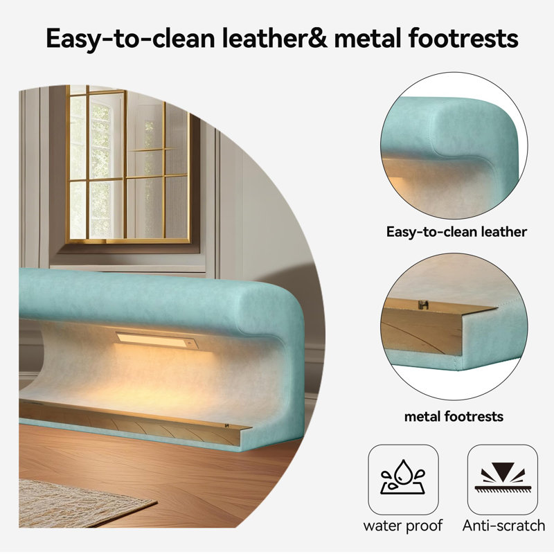 Leather Upholstered LED light Ottoman, Green Leather