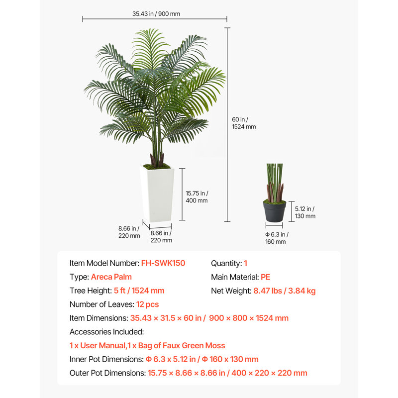 Palmier artificiel artificiel en pot pour décoration de bureau personnel, H 60 po x l 35,4 po x P 31,5 po