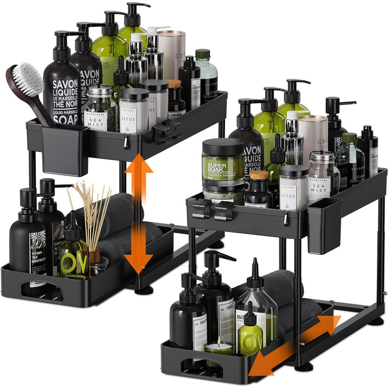 Adjustable Black ABS 2-Tier Sliding Under Sink Organizer with Hooks
