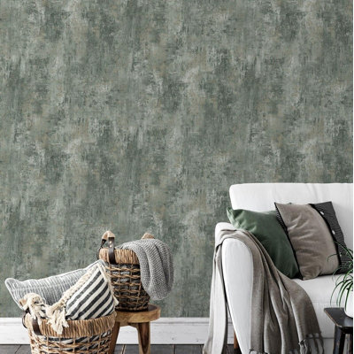 Plain Green Stone Concrete Effect Cove Texture Solid Paper Aimsley Wallpaper Roll