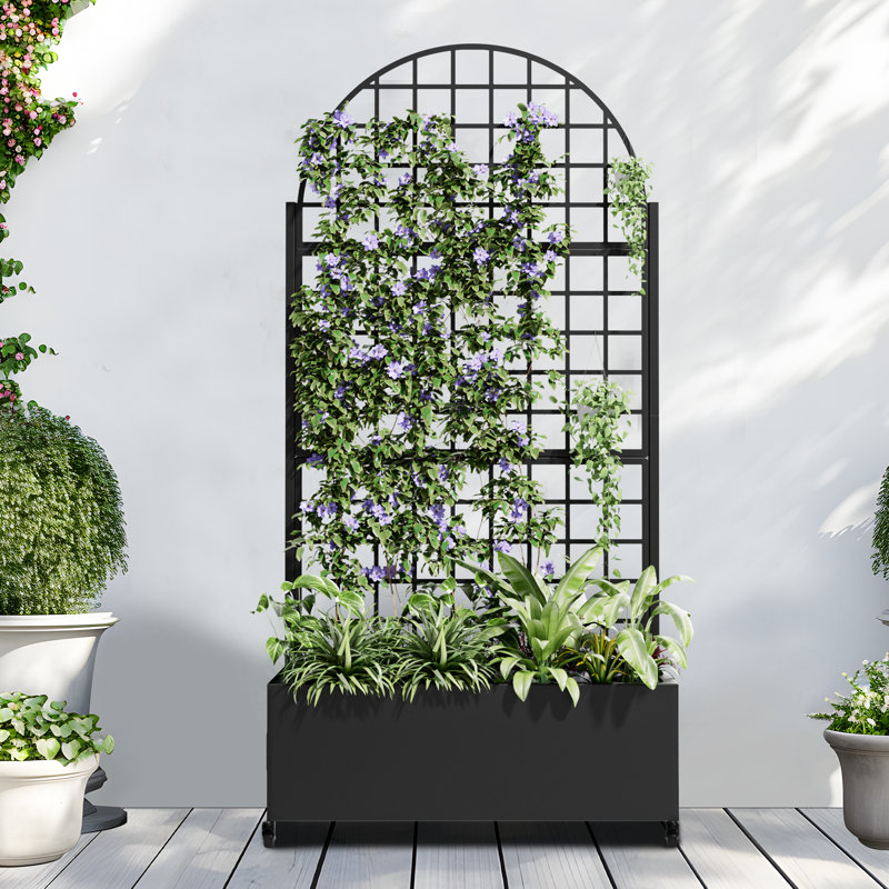 Boîte à fleurs en métal avec treillis et roues Holly, Noir