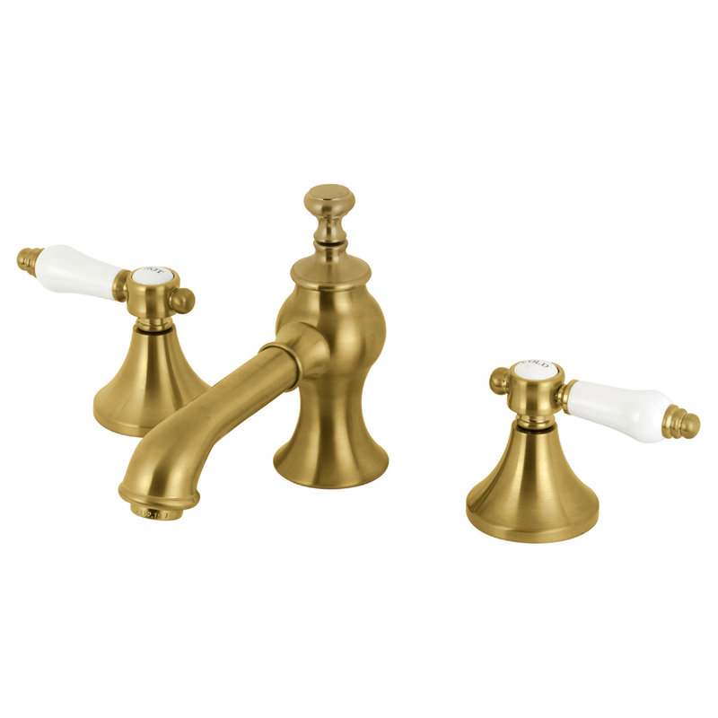 Kingston Brass Bel-Air Two-Handle 3-Hole Deck Mount Widespread Bathroom Faucet with Brass Pop-Up Drain, Satin Brass