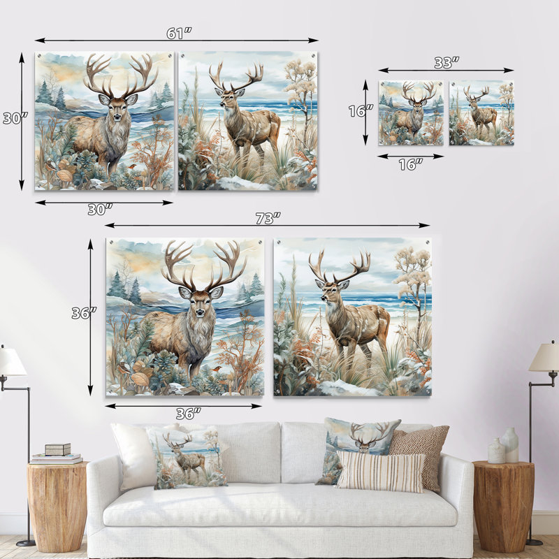 «Deer Charm In Winter» - ensemble de 2 art mural en verre acrylique, H 16 po x l 33 po