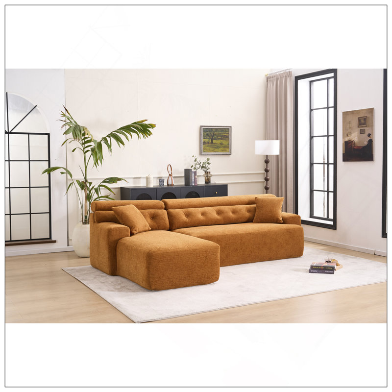 Canapé modulaire convertible en méridienne convertible, canapé modulaire en éponge à compression complète pour le salon en appartement, 3 places orange avec chenille grain de bois, 2 coussins inclus, L 86 po