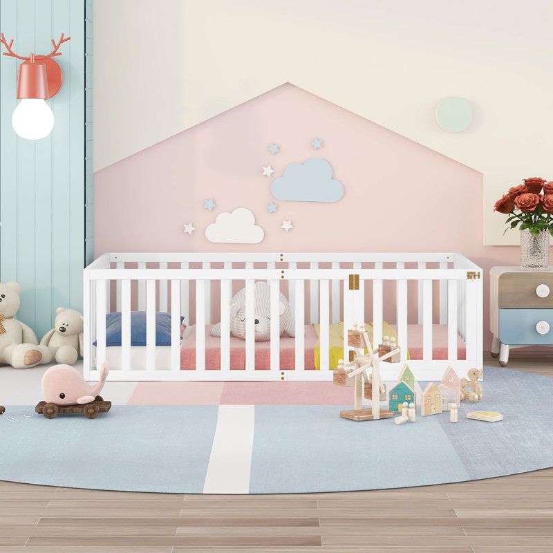 Lit de jour simple en bois avec clôture et petite porte - cadre de lit en pin massif pour enfants, blanc, Lit simple, Blanc