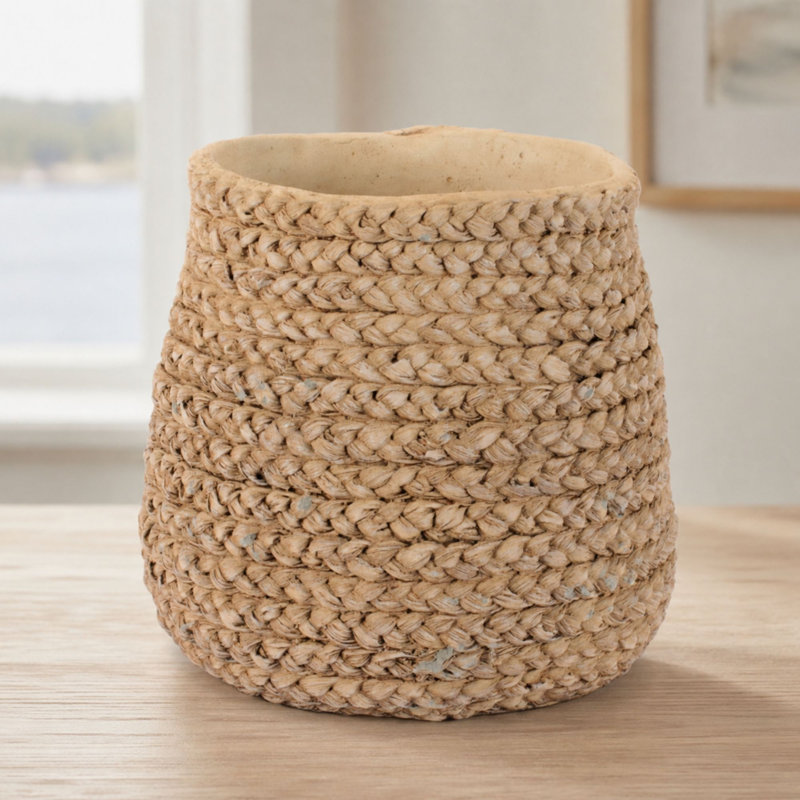 Braided Weave Cement Vase, 9"Dx8.5"H