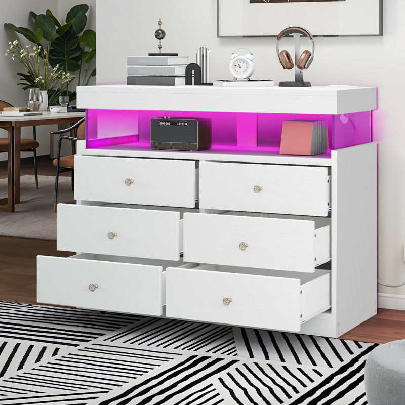 39.3"W  6 - Drawer Dresser Accent Chest with Power Outlet, LED Lights and Open Shelf