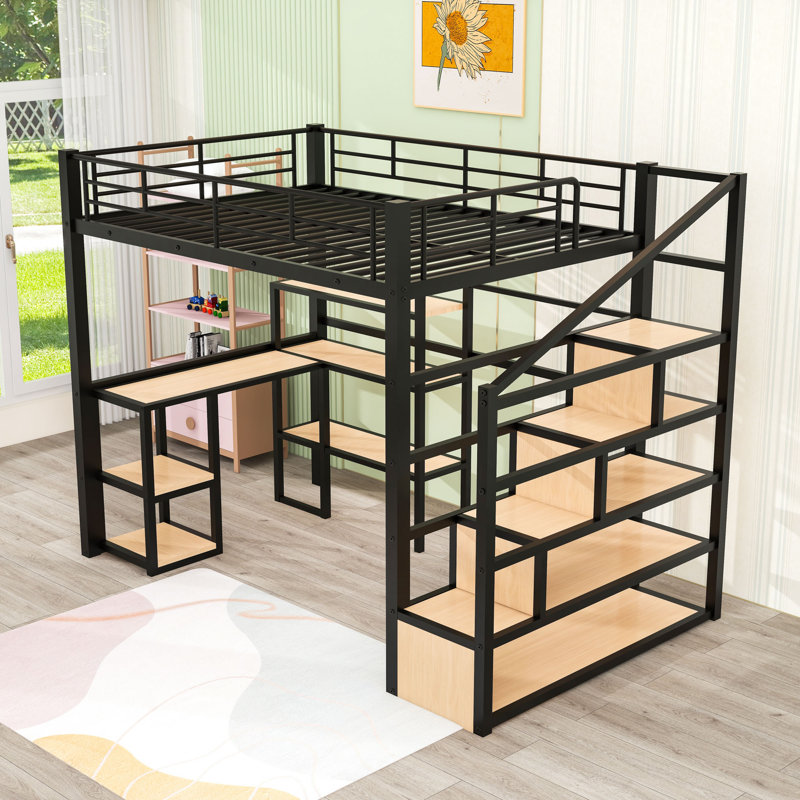 Lit mezzanine double en métal avec tablettes de rangement, escaliers, bureau et lattes