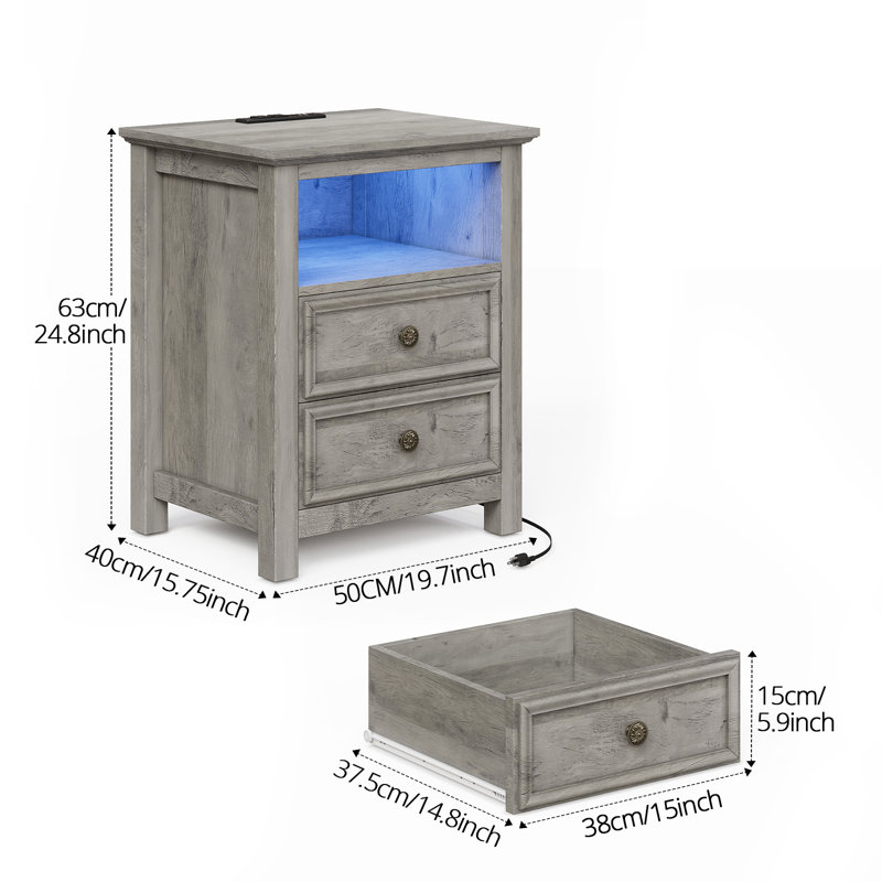 Ensemble de commode 2 pièces - commode 8 tiroirs et tables de chevet 2 tiroirs avec station de charge et DEL, gris délavé