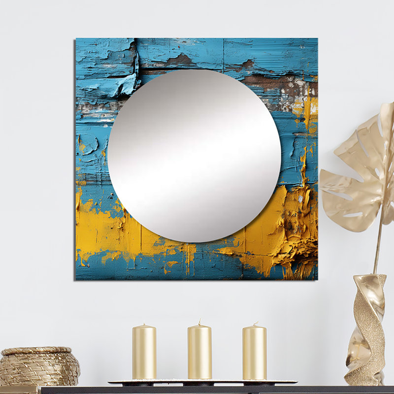 Echos d'Ukraine rétro bleu et jaune - grand miroir carré transitionnel pour décoration murale, 23 po x 23 po