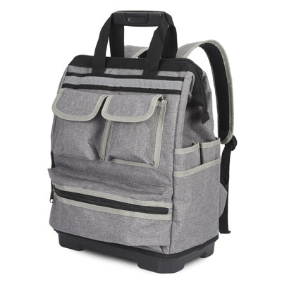Sac à dos à outils de 17 pouces, sac à outils Oxford robuste avec base renforcée en plastique, sac à dos imperméable pour entrepreneur, gris