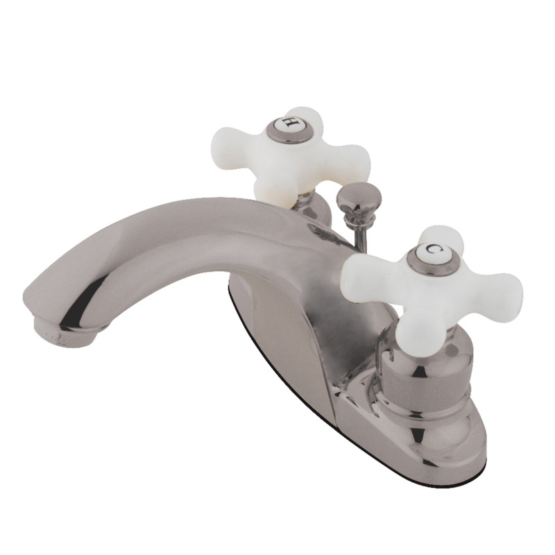 Kingston Brass English Country Two-Handle 3-Hole Deck Mount 4" Centerset Bathroom Faucet with Plastic Pop-Up, Brushed Nickel