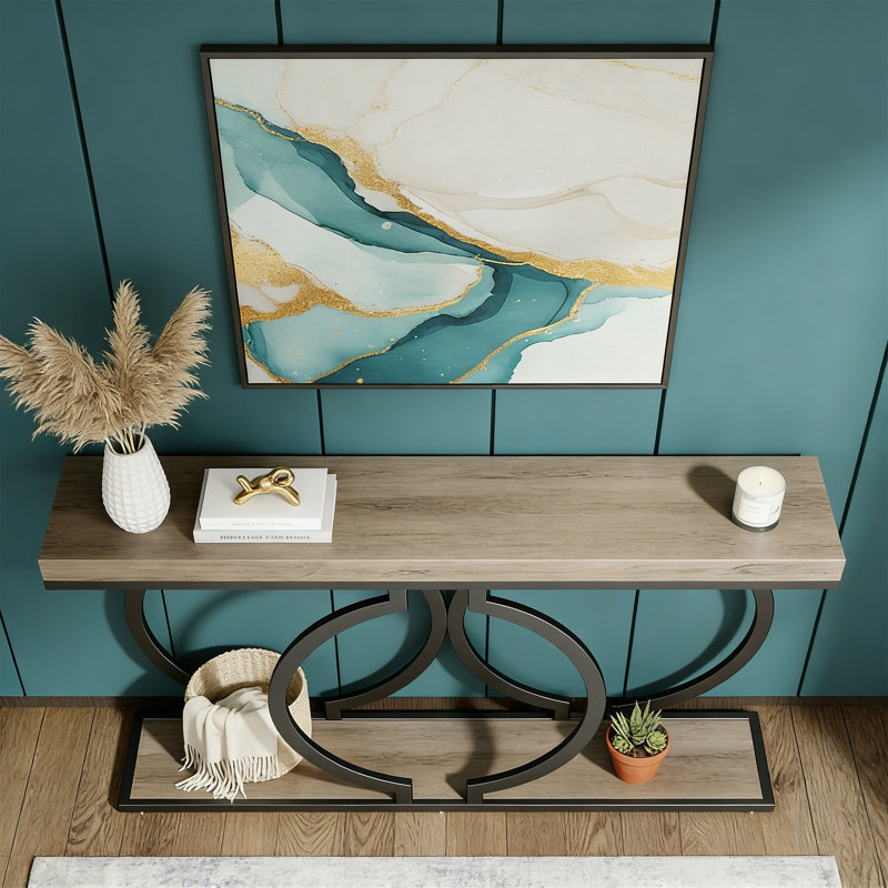 Console 55 po, canapé d'entrée étroit avec structure en métal géométrique, Gris rétro, Gris rétro
