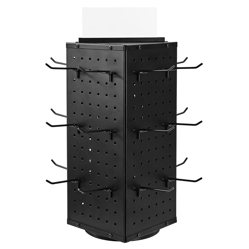 Présentoir rotatif noir à 4 crochets avec 24 crochets - support en acier pour une présentation efficace des produits et des outils, facile à assembler pour les débutants