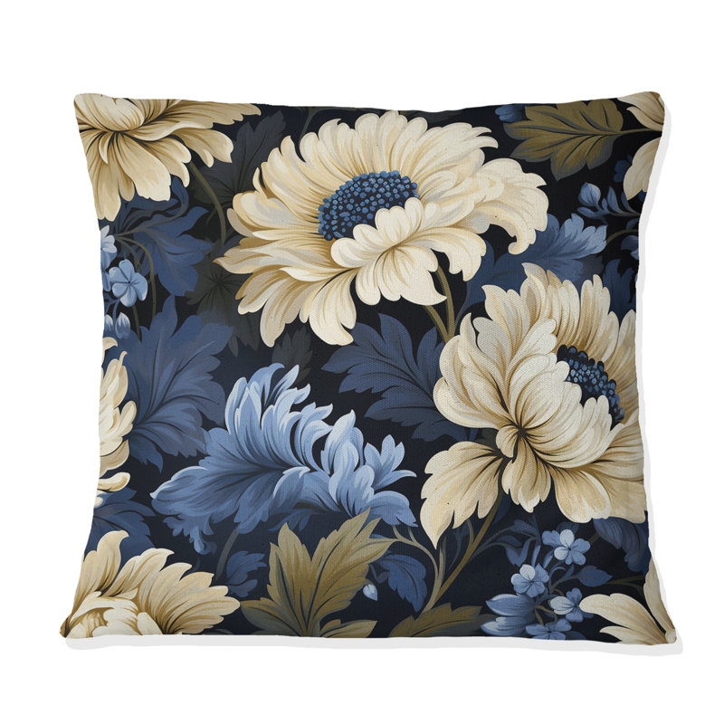 Coussin décoratif imprimé damassé beige et bleu, H 16 po x l 16 po