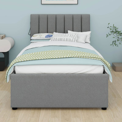Twin Size Upholstered Platform Bed With Trundle, Teddy Fleece LED Platform Bed Wood Frame With Headboard