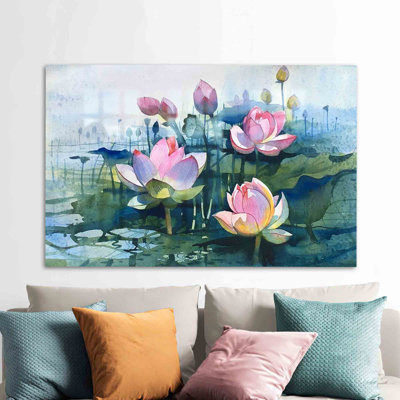 Art moderne aquarelle de fleur de lotus moderne sur verre trempé pour décoration murale