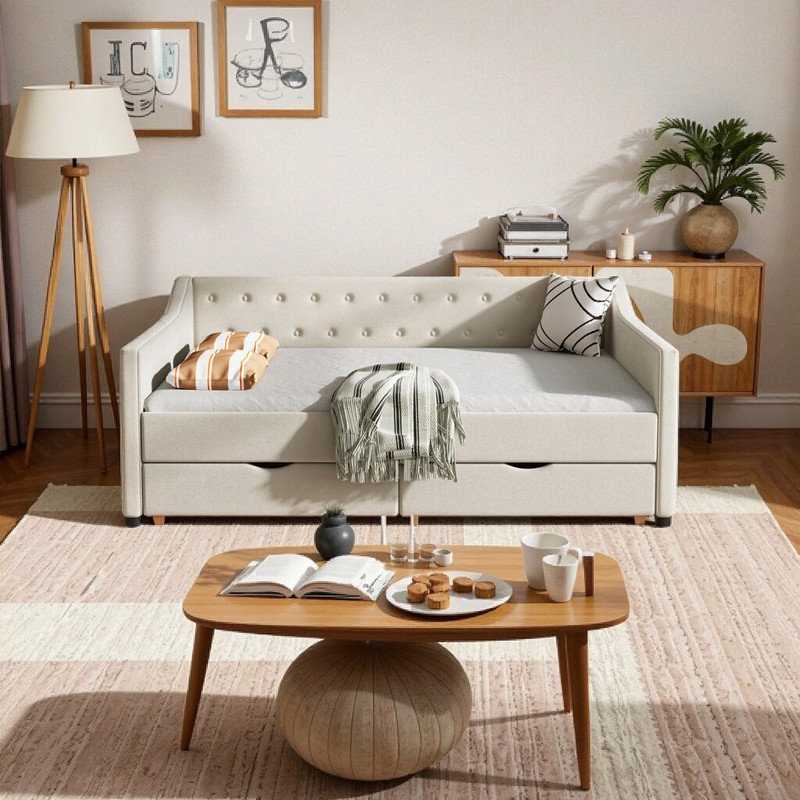 Full Size Upholstered Daybed with Storage Drawers, Convertible Sofa Bed, Beige, Full/Double