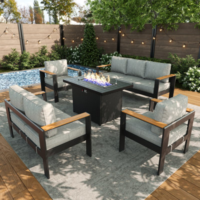 Outdoor Aluminum Furniture Set with Fire Pit Table, Modern Patio Conversation Sets for Porch, Backyard by Latitude Run