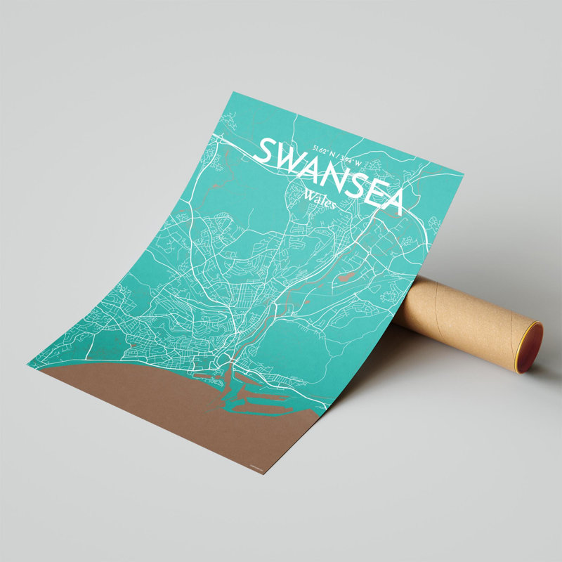 Swansea City Map, impression, H 24 po x l 18 po, Vert / Brun