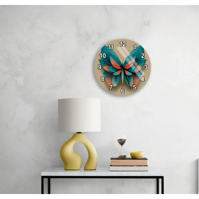 Abstract Butterfly Tempered Glass Wall Clock, Teal Coral Modern Art - Silent Round Timepiece, Unique Gift for Her, Elegant Home Wall Hanging