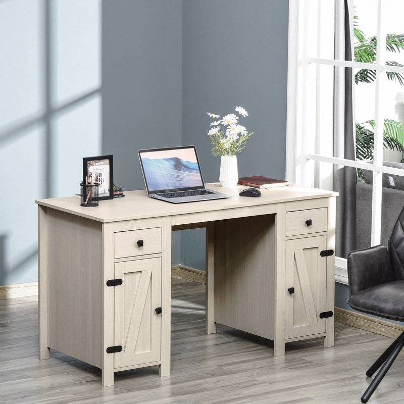 Farmhouse Computer Desk With Storage, Home Office Desk With 2 Drawers And 2 Cabinets, Cream White