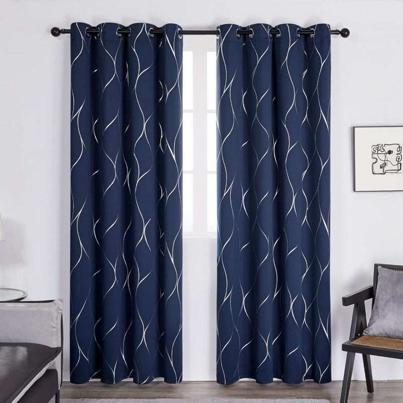 2 Panels Blackout Curtains Thermal Insulated Silver Wave Line Foil Printed 66 x 90 Inch(Width x Length), Navy Blue