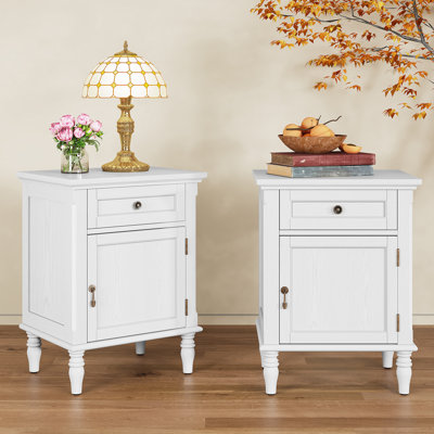 1-Drawer Bedside Table, Nightstands with Storage Function, with Solid Wood Legs