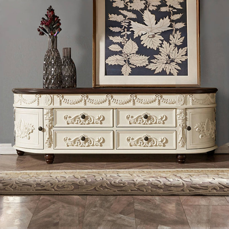 Meuble télé en bois massif American Style, Blanc cassé, H 20,87 po x l 62,99 po x P 15,75 po