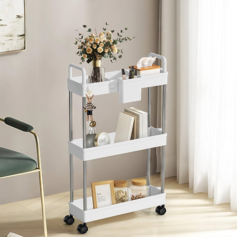 Chariot roulant mince 15 po à 3 niveaux de 15 po avec roulettes utilitaires en plastique et 9 paniers en maille, Blanc