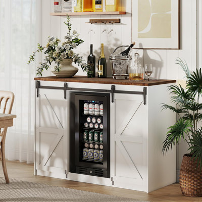 53" Farmhouse Coffee Bar Cabinet with Barn Doors, Mini Fridge Space & Power Outlet