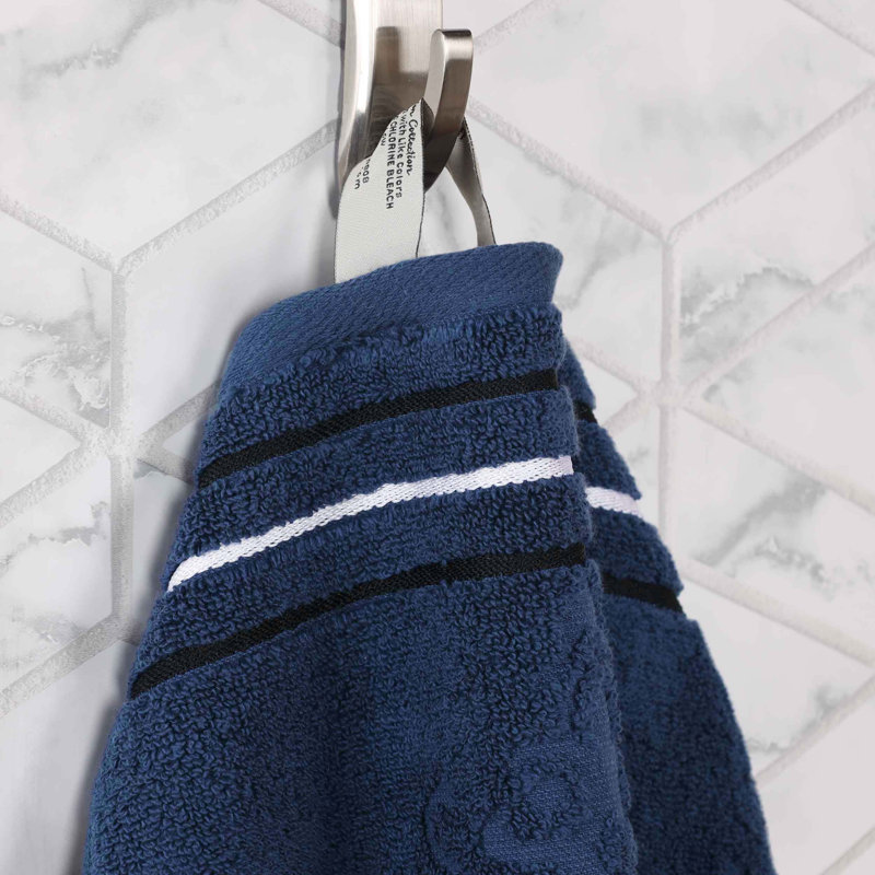 Sadie Zero Twist Cotton Solid and Jacquard Absorbent Assorted Towel Set, Navy Blue, Striped, Towel Set – 6 Pieces