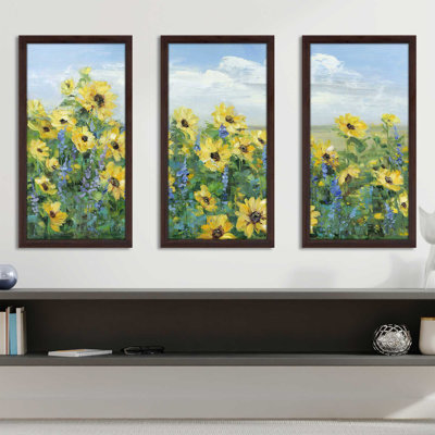 «Sunflower Fields Forever» par Sally Swatland - peinture sur cadre 3 pièces