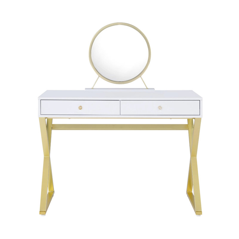 White And Gold Vanity Desk With Removable Mirror Jewelry Tray, Metal Frame, 2 Drawers For Storing Cosmetics Essentials