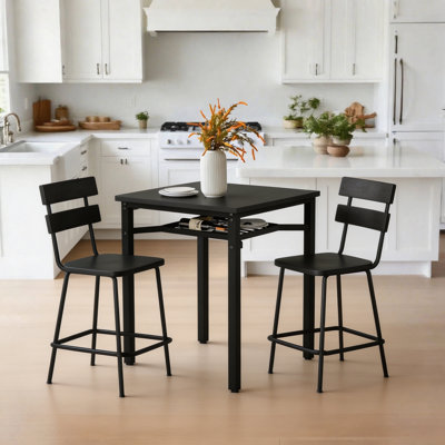 Ensemble de table de salle à manger 3 pièces de style moderne, ensemble de salle à manger peu encombrant pour la cuisine, la salle à manger, le petit espace, un petit ensemble de 3 tables de bar avec plateau en panneau de particules, structure en métal et support de rangement intégré