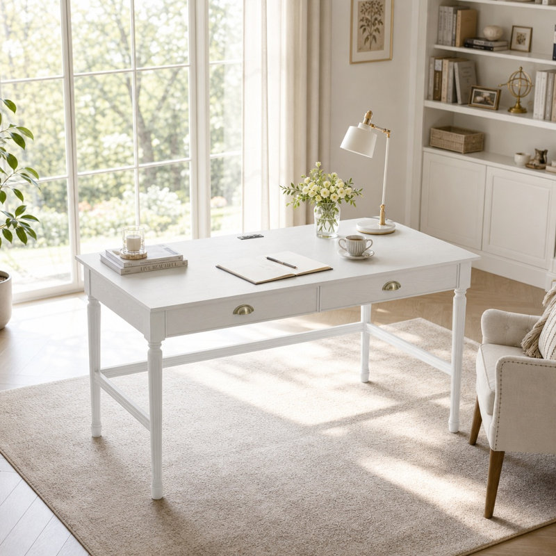 Bureau UnaNidus 60 po avec prises électriques et ports USB intégrés, bureau en bois d'hévéa avec 2 tiroirs, Blanc
