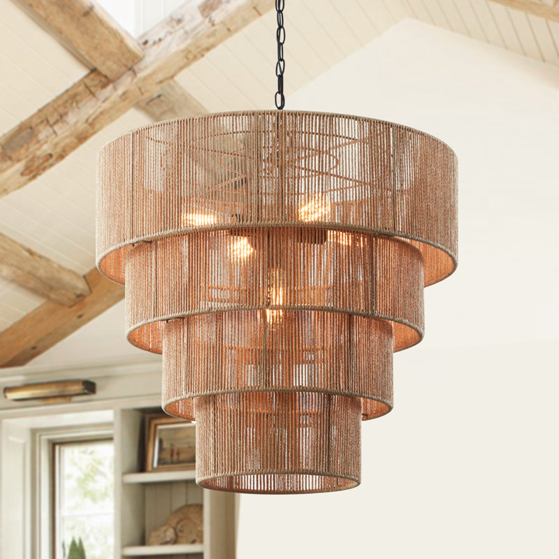 Aleris 5 - Light Shaded Tiered Rattan Pendant, Beige Paper Strings