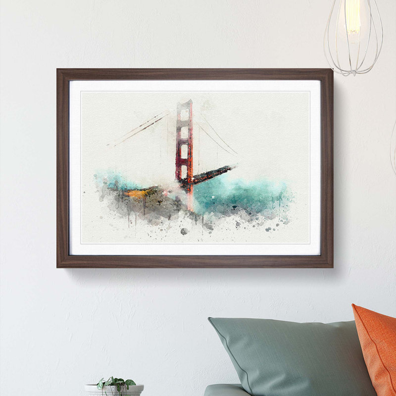 The Golden Gate Bridge in San Francisco - Picture Frame Graphic Art Print, 27cm H x 36cm W x 2cm D, Walnut Framed