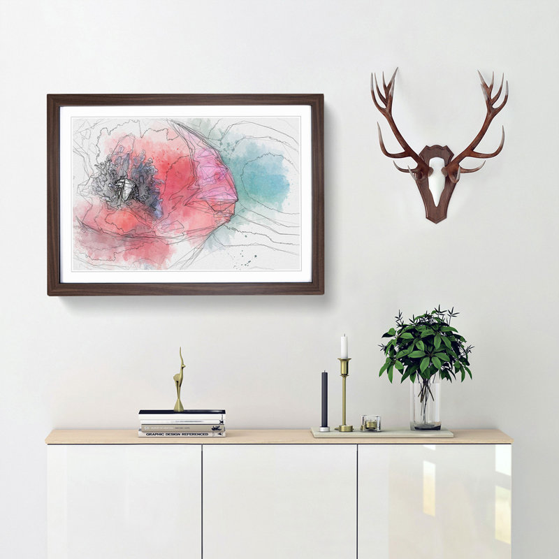 Eye of a Red Poppy Flower in Abstract - Picture Frame Graphic Art Print, 27cm H x 36cm W x 2cm D, Walnut Framed