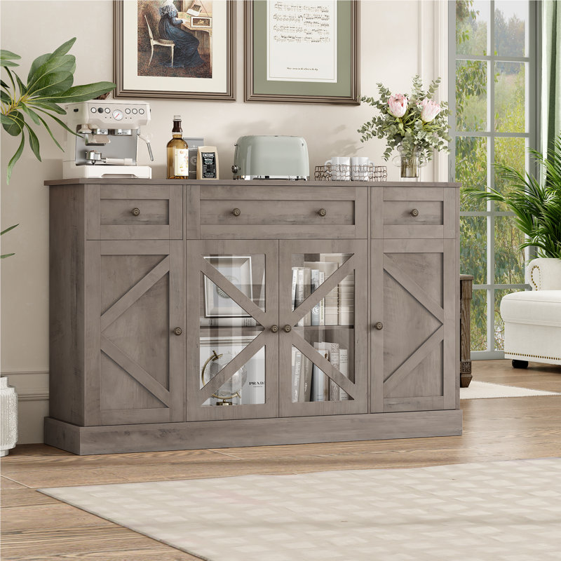 Lovern 55.1'' W 4-Door Sideboard with 3 Drawers, Interchangeable Doors, Close-Out Sales, Wash Gray