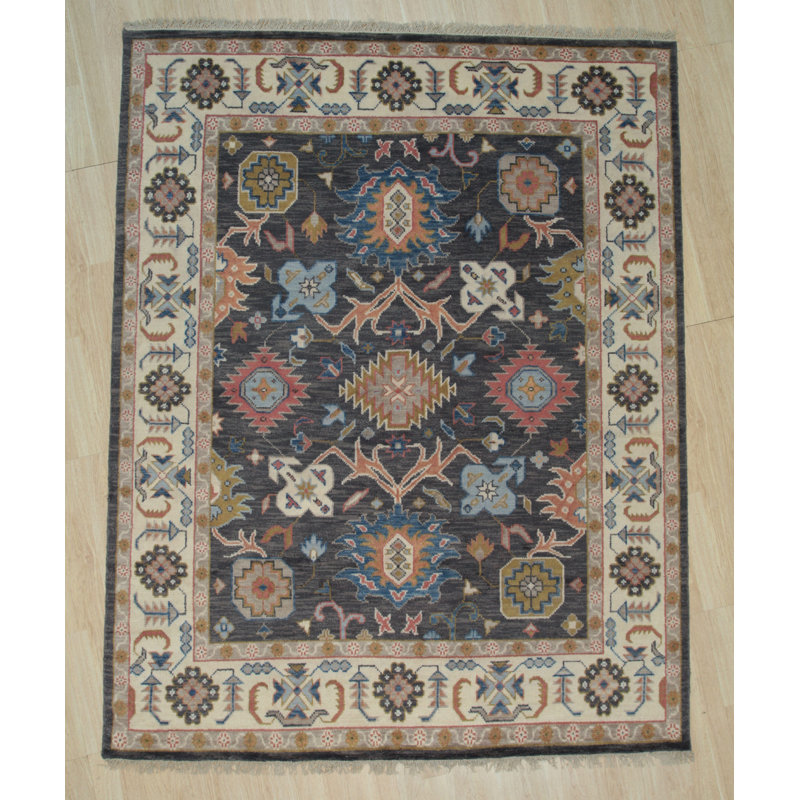 Tapis traditionnel en laine noué à la main gris anthracite