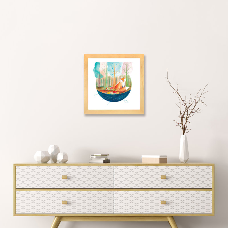 Renard et baleine I - impression, Blanc, H 16 po x l 16 po x p 1 po, Papier avec cadre beige