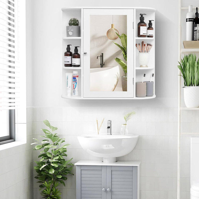 Armoire à pharmacie murale blanche avec miroir et 2 tablettes réglables et 6 tablettes ouvertes