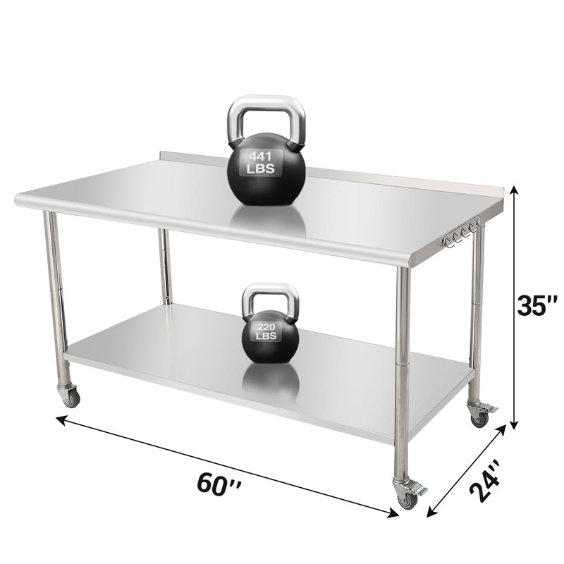 Table de travail en acier inoxydable 60 x 24 po, station de préparation robuste avec dosseret, roulettes
