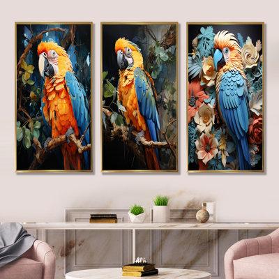 Yellow And Blue Parrot Paradise - Parrot Canvas Prints Set Of 3